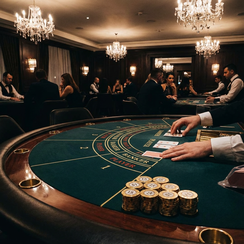 Mesa elegante de bacará com cartas sendo distribuídas e fichas com número 15