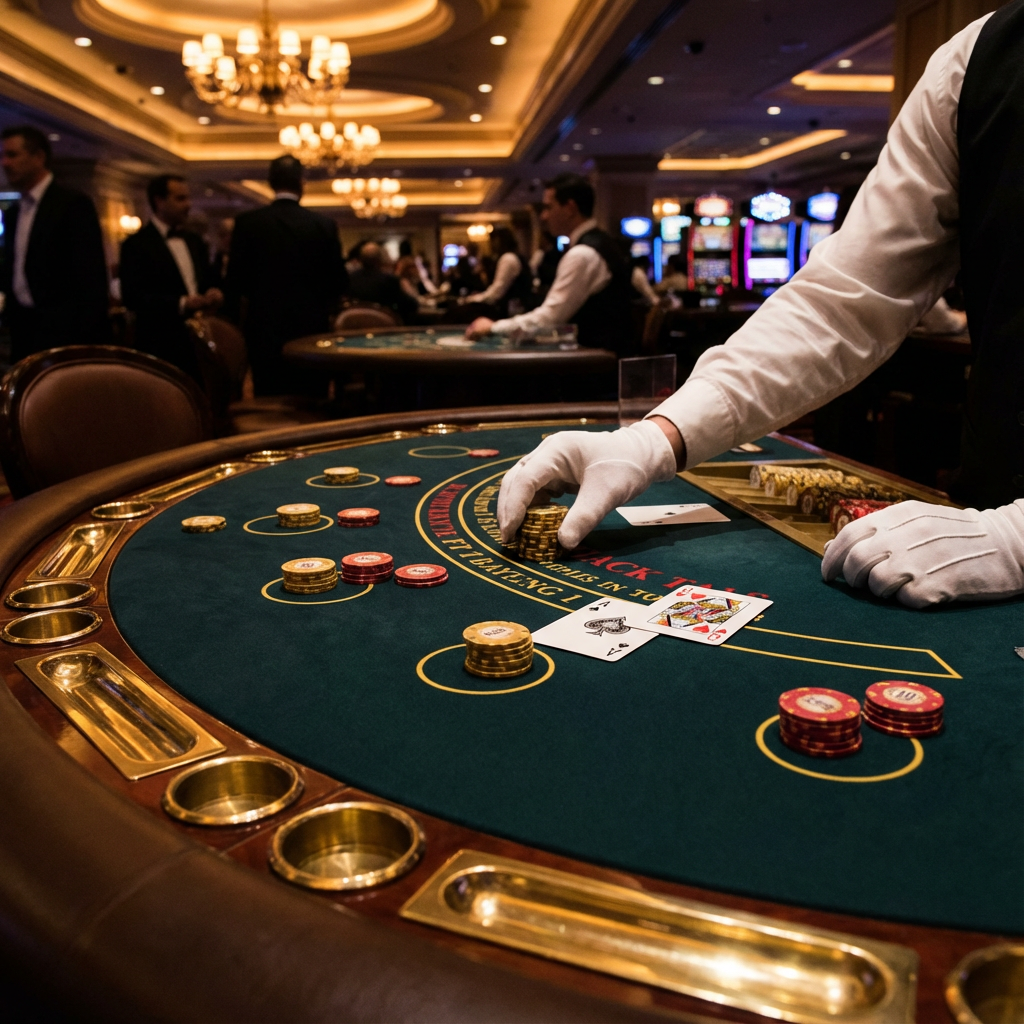 Mesa profissional de blackjack mostrando 21 com cartas e fichas douradas