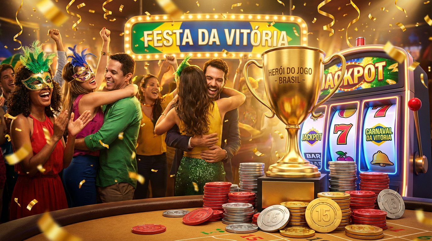 Celebração de vitória no cassino 76bet com troféu dourado e confetes